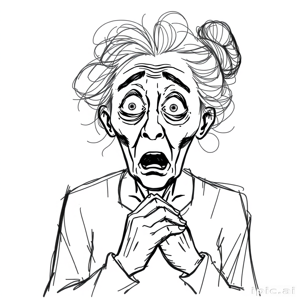 scribbly unfinished sketch, old lady with messy gray hair in a loose bun, surprised expression, mouth open, hands clasped together in front of her chest. Her eyes are wide, eyebrows are furrowed. vibe of shock or surprise.