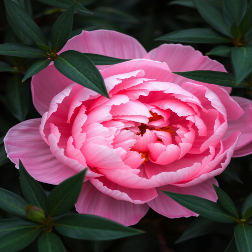 photograph a large pink peony flower nestled among dark green leaves, shallow depth of field, aperture f/2.8, ISO 100, macro lens, natural light, DSLR camera, focus on the flower's intricate petals while softly blurring the background foliage.