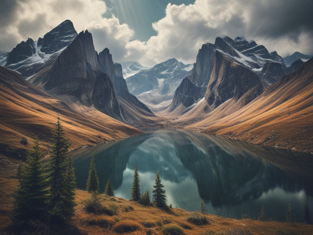 Majestic Mountain Range Reflected in Tranquil Lake Under Dramatic Sky