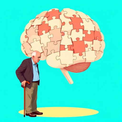 Create an illustration of an elderly man with a cane, slightly hunched over, in front of a large, stylized brain composed of puzzle pieces, set against a bright turquoise background, using a digital art style, with a focus on clarity and color vibrancy, resembling a high-resolution graphic design, shot with a wide-angle lens, aperture f/8, ISO 100 for clear details.