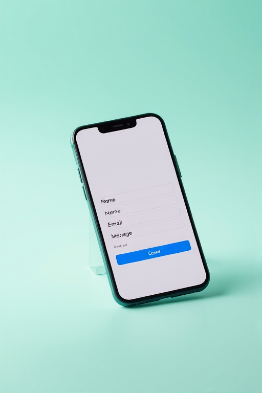Create a high-resolution image of a modern smartphone displaying a contact form with fields for name, email, and message, using a soft gradient background, captured with a Canon EOS R camera at 50mm focal length, aperture f/2.8, ISO 100, shot from a slight angle to highlight the screen.