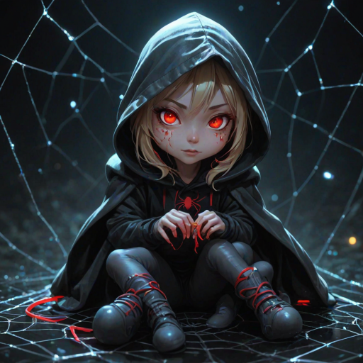 score_9, score_8_up, score_7_up,a woman with red eyes in a hood,a young woman,vinyl boots,dark background; liquid, particles, night, dark, glowing bioluminescence,zhibi, chibi, animal spider, small spider, chibi spider, cute happy spider, sitting in a spiderweb,transitioning into a vibrant,but it seems long abandoned. The overall atmosphere is heavy with suspense,Cinematography,hardware,blonde long hair,Dismissal at will, <lora:add-detail-xl:0.85>