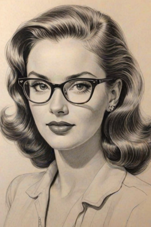 Dazzling Julia Fox, pencil sketch, portrait of Ravishing woman 1948s in glasses, hair style beatnik, outline, clear lines, fine lines, 8k