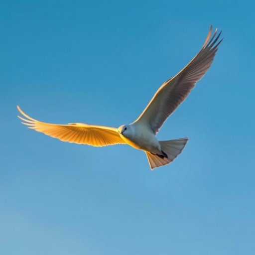 Create a high-resolution illustration of a graceful bird in flight against a clear blue sky, using a DSLR camera with a 200mm lens, aperture f/4, ISO 100, shooting at golden hour for soft lighting and vibrant colors.