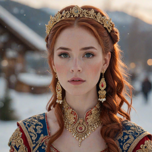 A young woman with long, flowing red hair, wearing a traditional, ornate red and blue costume with gold accents and intricate embroidery, stands facing the viewer in a close-up portrait. Her hair is styled in a high ponytail and adorned with a pair of golden, winged hairpieces. She wears gold earrings and her makeup is accented with light pink blush and a bright red lip. She has a soft and slightly melancholic expression, with her eyes looking directly at the camera. The background is a blurred, out-of-focus snowy landscape, with the woman in the foreground. The lighting is soft and natural, creating a warm, intimate atmosphere. The image is composed using a shallow depth of field, with the woman as the main focal point. The overall style is elegant, delicate, and fairytale-like.