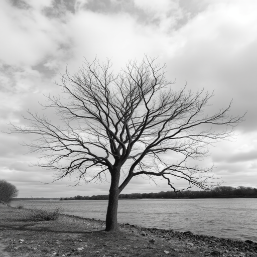 capture a black and white photograph of a barren tree by a riverbank under a cloudy sky using a DSLR camera, 50mm lens, f/8 aperture, ISO 100, and a shutter speed of 1/250 seconds, with a landscape orientation and focus on the tree's intricate branches for enhanced detail
