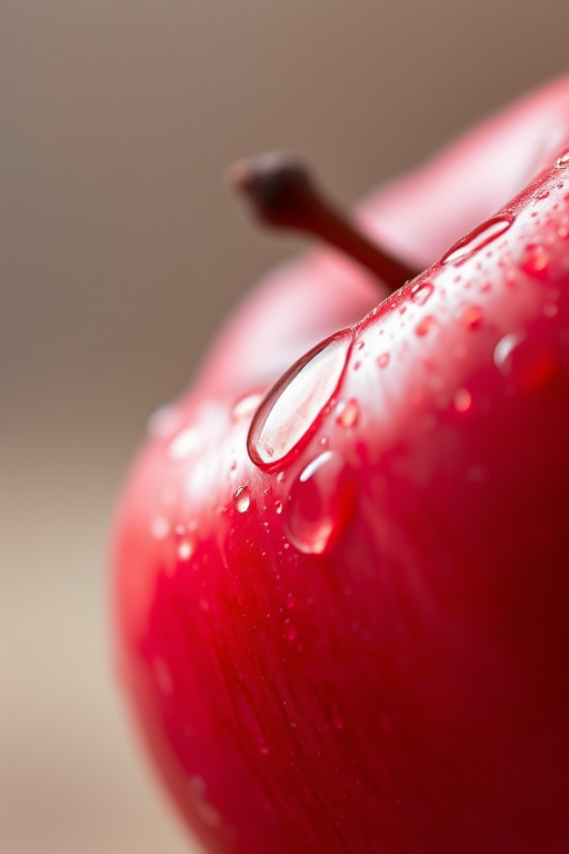 close-up of a fresh red apple with water droplets on its surface, shallow depth of field, 100mm f/2.8 macro lens, ISO 100, shutter speed 1/200 sec, natural light, soft focus background, DSLR camera