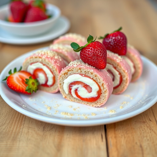 A plate of beautifully rolled strawberry cake slices with creamy filling, topped with fresh strawberries and a sprinkle of crumbs, presented on a wooden table with a blurred background.