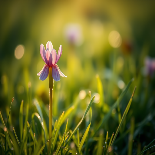 Capture a close-up of a single pink fritillaria flower in a dew-covered grassy field during soft morning light, using a Canon EOS R5 with a 100mm f/2.8 macro lens, aperture set to f/2.8, shutter speed 1/200 sec, ISO 100, in a shallow depth of field style for enhanced focus on the flower and a soft bokeh background.