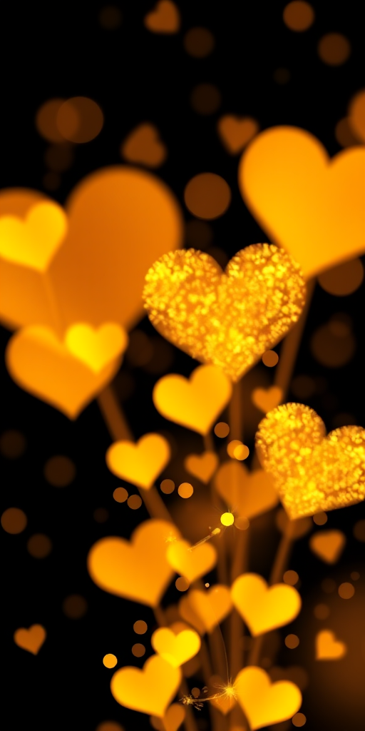 Create a high-resolution romantic design for Valentine's Day with golden hearts and sparkles on a black background, shot with a DSLR camera at f/2.8, ISO 100, 50mm lens for enhanced depth of field and vibrant colors.