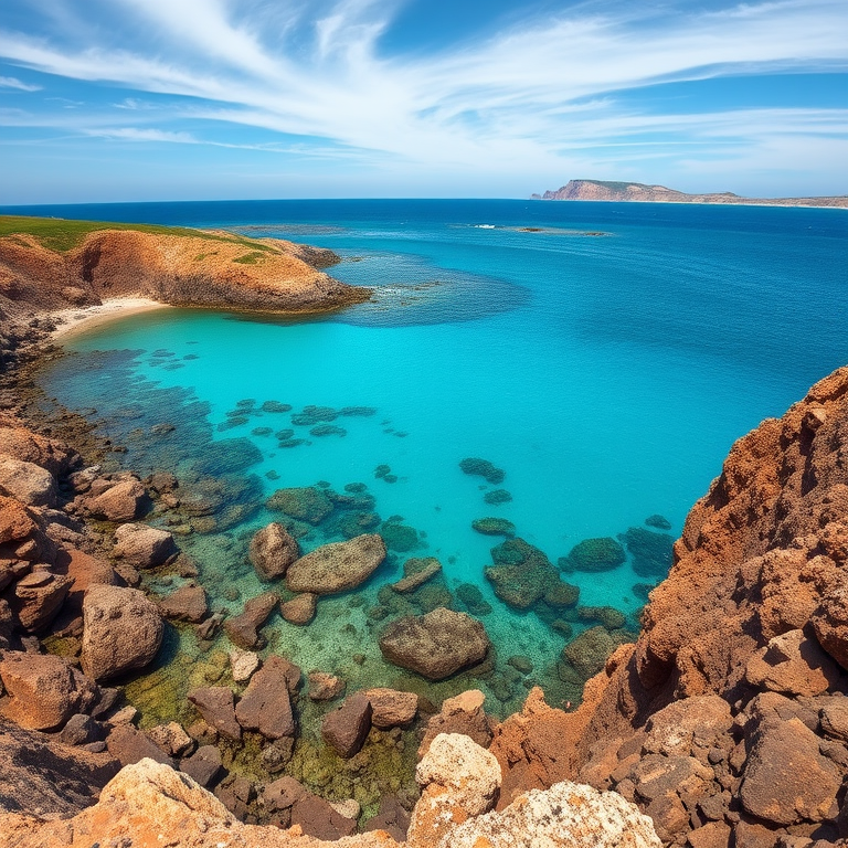 Create a vivid landscape image of a coastal scene with clear turquoise waters and a rocky shoreline, using a Canon EOS 5D Mark IV camera at f/8, ISO 100, and a shutter speed of 1/250 sec, in a wide-angle view to capture the expansive sky and distant cliffs, focusing on sharpness and natural colors.