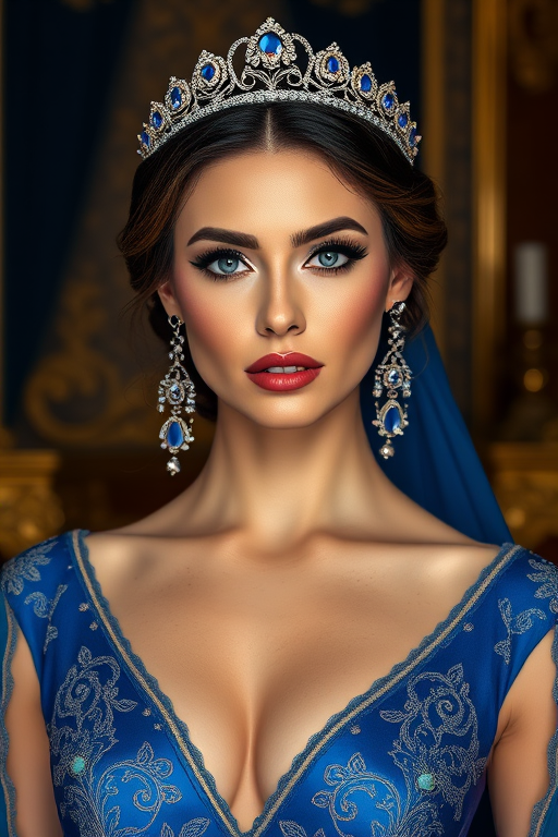 A gorgeous Kyrgyz woman in a luxurious blue gown, accessorized with a dazzling tiara and statement earrings, her deep blue eyes highlighted by impeccable makeup, poised in a royal setting, photorealistic, 8K quality