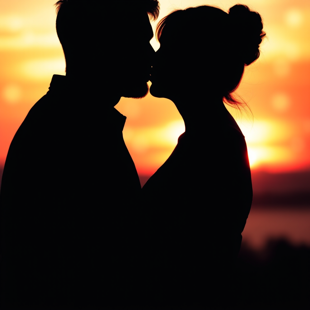 silhouette of a couple kissing against a vibrant sunset background, camera settings: f/2.8, ISO 100, shutter speed 1/200s, camera view: close-up, camera style: portrait, camera type: DSLR