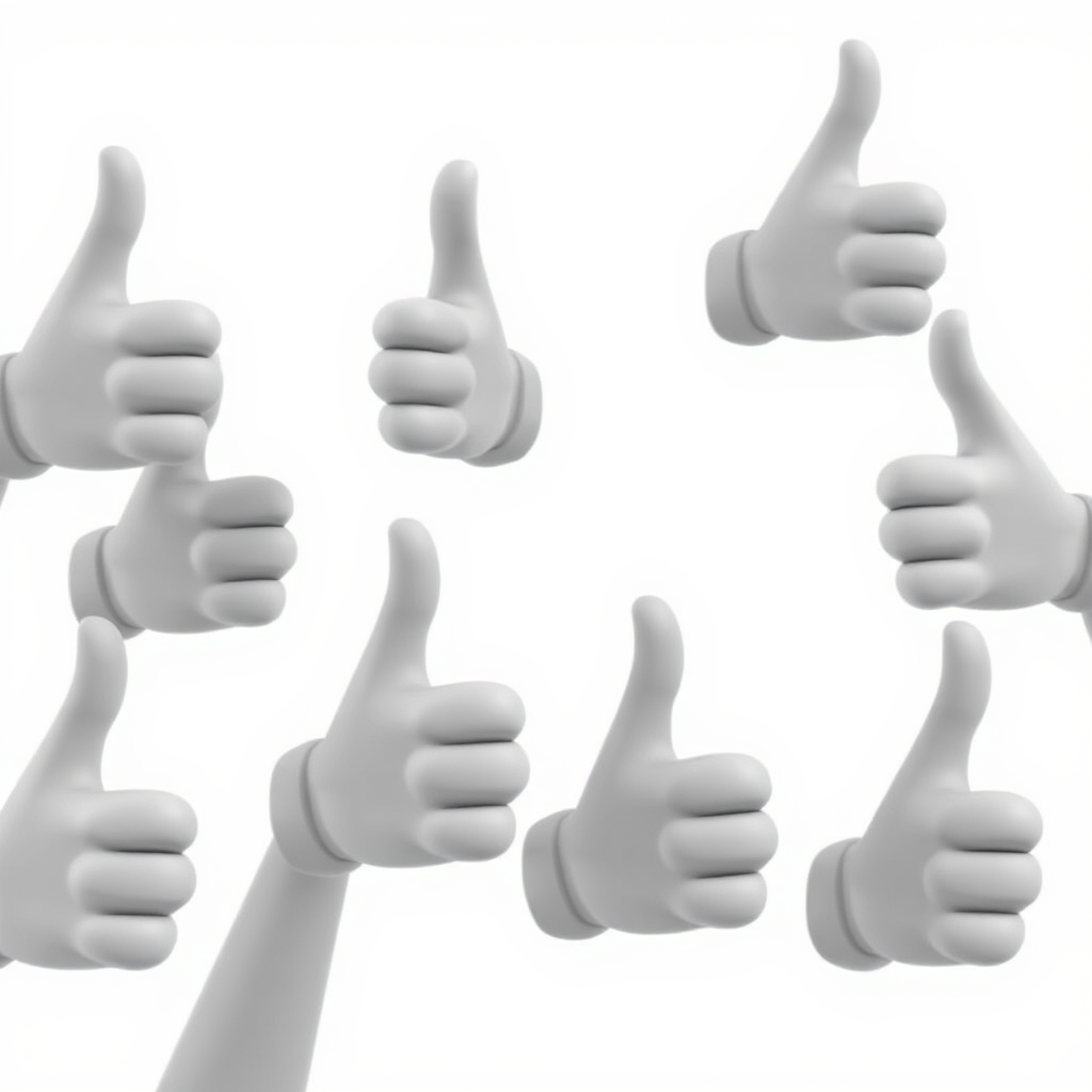 high-quality, minimalist 3D render of several gray cartoonish thumbs-up hands against a plain white background, soft lighting, shallow depth of field, ISO 100, f/4, 50mm lens, digital camera