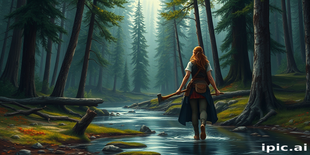 a painting of a woman with an axe in a forest, an ultrafine detailed painting, by Johannes Helgeson, fantasy art, 4 k highly detailed art, : warrior fantasy, she is walking on a river, beautiful detailed pixel art