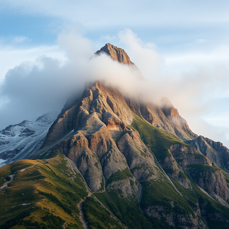 Generate a high-resolution image of a mountain landscape with a rocky ridge, partially shrouded in mist, using a DSLR camera with a 24mm lens, aperture f/8, ISO 100, and a shutter speed of 1/250s, in a wide-angle view to capture the depth and detail of the scene.