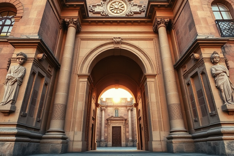 create a detailed image of an ancient stone doorway with ornate columns and an arched entrance, captured at sunrise to enhance warm lighting, using a DSLR camera with a 24mm lens, aperture set to f/8 for depth of field, ISO 100 for clarity, and a low angle view to emphasize the architectural details