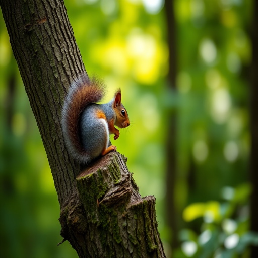 squirrel sitting on a tree trunk in a vibrant green forest, shallow depth of field, soft bokeh background, canon EOS 5D Mark IV, 85mm lens, f/2.8, ISO 100, 1/200s, natural light