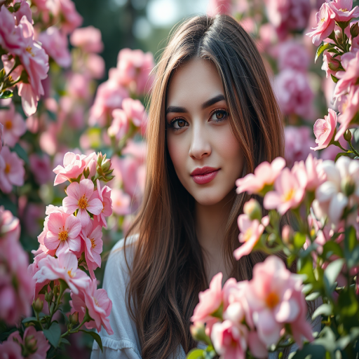 Portrait of a woman surrounded by blooming flowers, soft focus, high resolution, f/1.8 aperture, 85mm lens, natural lighting, captured with a full-frame DSLR camera in a lush garden setting.