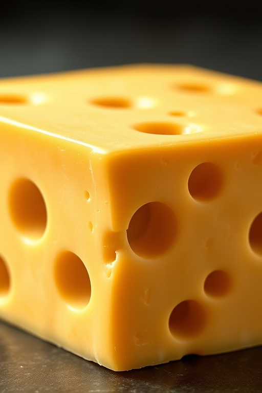high-resolution illustration of a block of Swiss cheese with visible holes, close-up view, soft lighting for smooth texture, Studio camera settings f/8, ISO 100, 50mm lens, vibrant colors and a slight 3D effect for depth