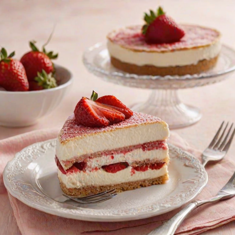 Generate an image of a delicious layered dessert featuring a creamy filling and a dusting of red powder on top. The dessert should be presented with a slice cut out, showcasing its layers, and topped with a fresh strawberry. Include a decorative plate and a fork beside it, with a blurred background of similar desserts in a glass dish.