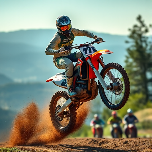 Blurry, action-packed image of a motocross rider mid-jump, dirt flying up beneath the wheels, intense concentration on the rider's face, distant mountains and trees visible below, sunlight reflecting off the rider's helmet, other riders waiting at the bottom of the hill.