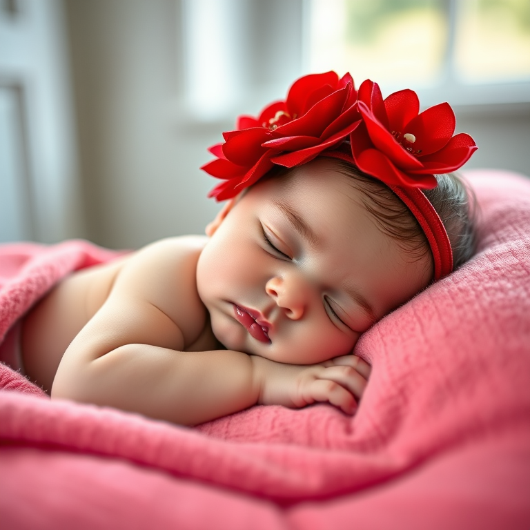 newborn baby girl sleeping with a large red flower headband on a soft pink blanket, shot with a Canon EOS R5, 50mm f/1.2 lens, aperture f/1.2, ISO 100, soft natural light from a window, shallow depth of field for dreamy background blur