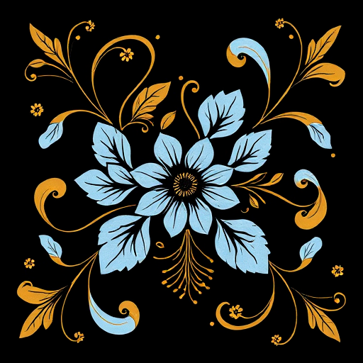 Create a high-resolution floral design with intricate swirls and leaves in gold and light blue on a solid black background, using a DSLR camera with a 50mm lens, f/1.8 aperture, 1/125s shutter speed, ISO 100, top-down view, and soft natural lighting to enhance image clarity and detail.
