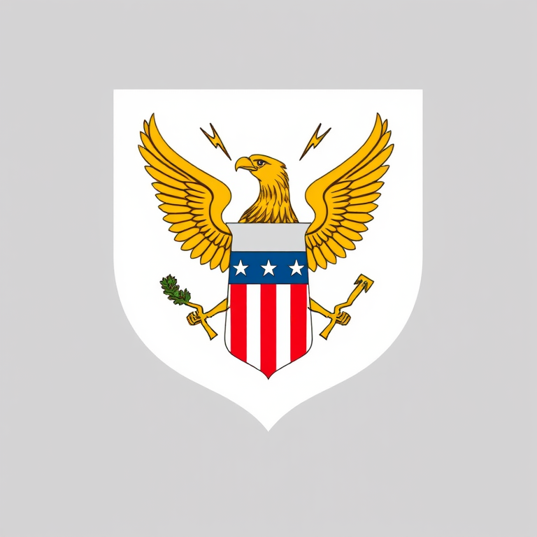 Create an image of the emblem featuring a golden eagle with outstretched wings holding a palm branch and lightning bolts, a shield with red and white stripes and a blue band at the top, high resolution, 50mm lens, f/8 aperture, ISO 100, natural lighting, centered composition, minimal background.