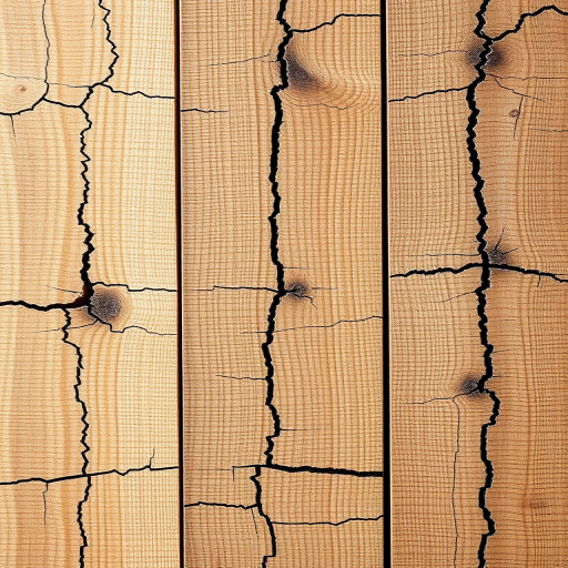 Create a high-resolution image of five wooden panels with varying patterns of cracks and fractures, using a DSLR camera with a 50mm lens, aperture set to f/2.8, ISO 100, and a shallow depth of field, in a well-lit studio setting to enhance textures and details.