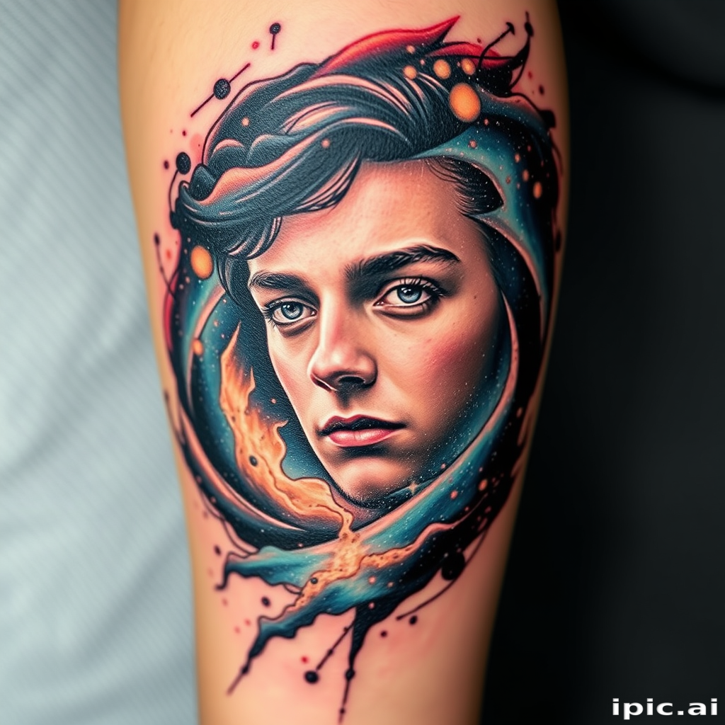 Photorealistic portrait tattoo featuring a loved one's face emerging from a swirling galaxy, incorporating elements of double exposure and surrealism for a breathtaking memorial piece