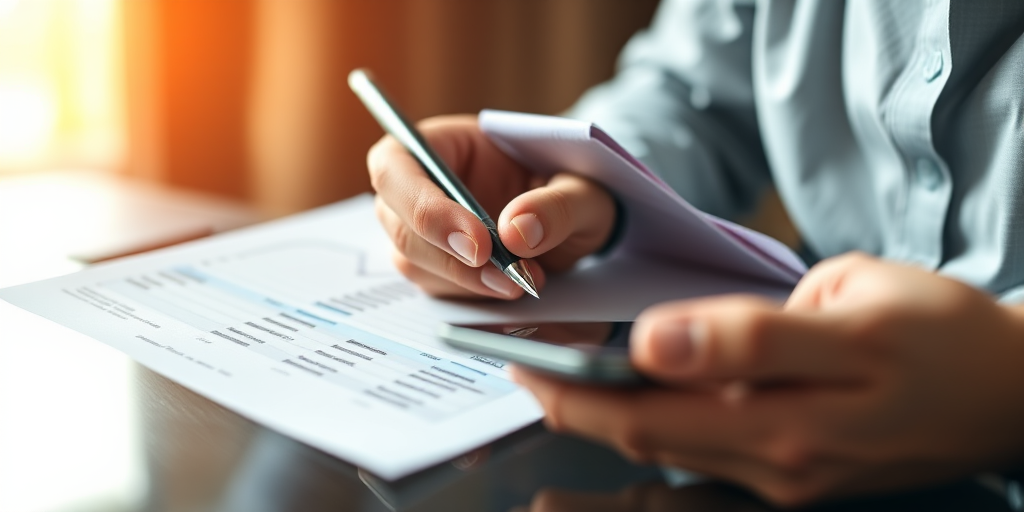Close-up of a person's hand holding a pen and paper with financial charts while another hand holds a smartphone, warm lighting background, shallow depth of field, focal length 50mm, aperture f/2.8, ISO 200, DSLR camera, natural light.