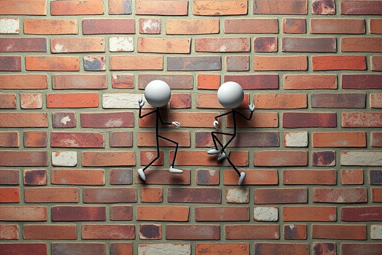 Create an image of two 3D stick figures interacting playfully on a brick wall, using a DSLR camera with a 50mm lens at f/2.8, ISO 100, 1/200s, top-down view, high-quality rendering with realistic textures and lighting.