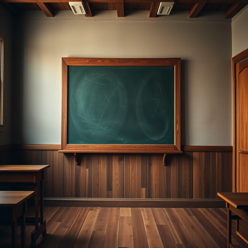 Create a high-resolution image of a rustic wooden-framed chalkboard in a dimly lit classroom with wooden flooring, warm lighting, and subtle textures, using a DSLR camera with a 50mm lens, aperture set to f/1.8, ISO 100, and a focal length of 50mm to enhance depth of field and detail.