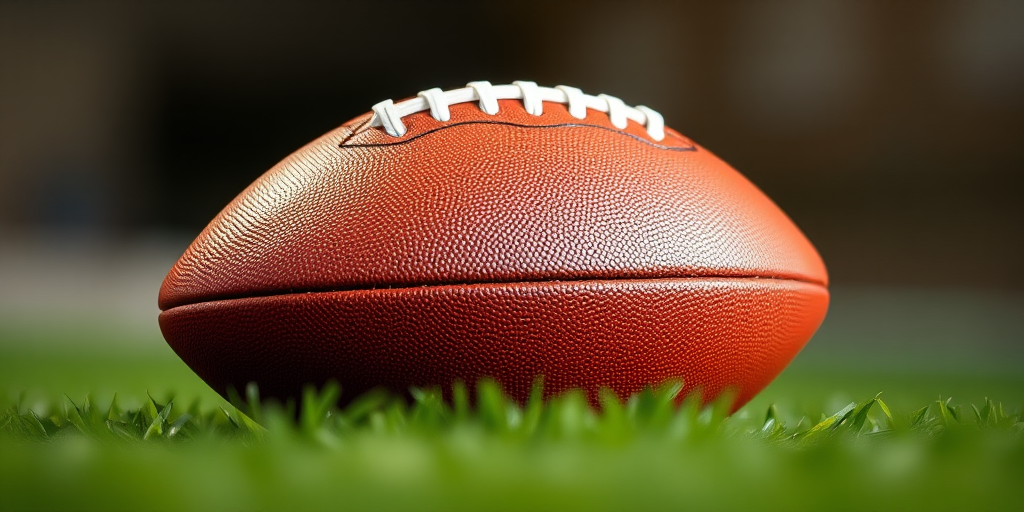 Create a high-resolution image of an American football with a glossy finish, captured at an angle of 30 degrees using a DSLR camera with a 50mm lens, aperture set to f/2.8, ISO 100, and a wide dynamic range to enhance color vibrancy and detail.