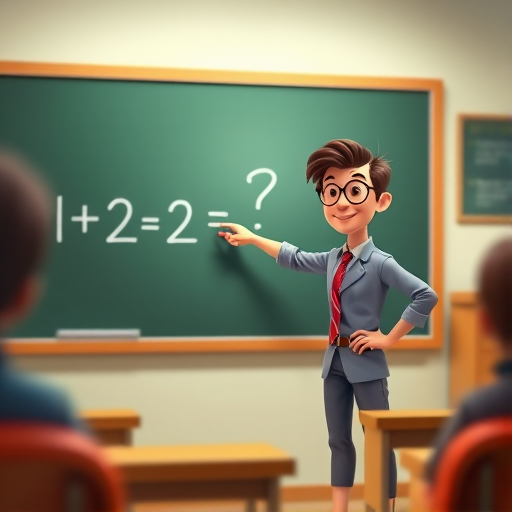 Create an animated classroom scene featuring a teacher pointing to a chalkboard with the equation 1+2=?, use a DSLR camera with a 50mm lens, aperture f/1.8, ISO 100, and a shallow depth of field for a vibrant, crisp focus on the teacher while softening the background.