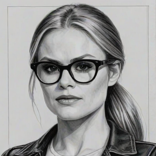 Delightful Anna Paquin, pencil sketch, portrait of Lovely woman 1972s in glasses, hair style beatnik, outline, clear lines, fine lines, 8k
