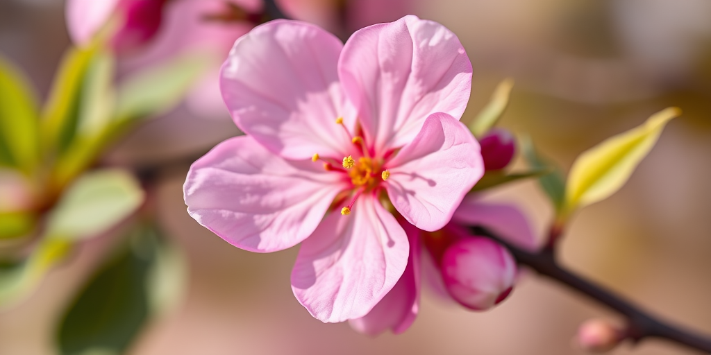 Generate a high-resolution image of a pink cherry blossom flower with five petals and yellow stamens, captured with a 50mm lens at f/1.8 aperture, ISO 100, in soft natural light, from a slightly above angle using a DSLR camera to enhance details and colors.