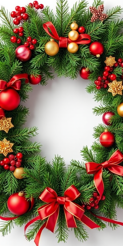 Create a festive holiday wreath with a variety of evergreen branches. Include red and gold ornaments, ribbons, and a central empty space for a message or photo. Ensure the composition is vibrant and conveys a warm, joyful atmosphere.