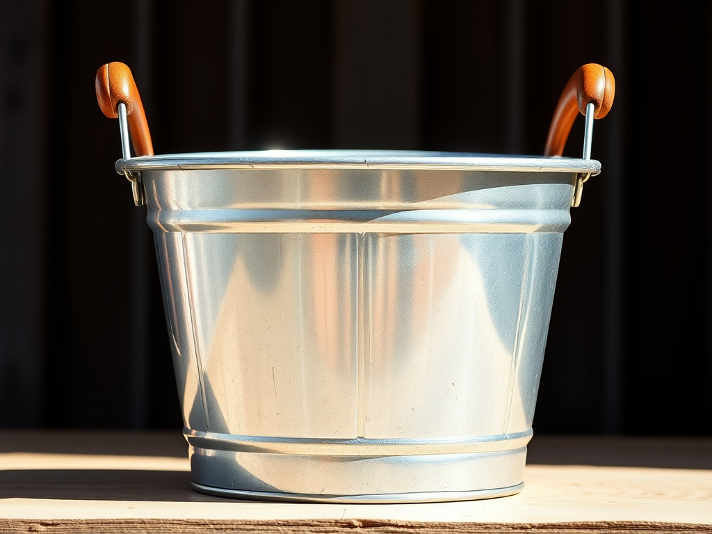Create a highly detailed illustration of a metallic bucket with wooden handles, using a DSLR camera with a 50mm lens at f/5.6 aperture, shot from an eye level view, in bright natural lighting to enhance texture and reflections.