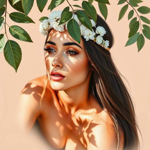 create a watercolor painting of an ethereal portrait of beautiful First Nations woman with a simple white flower crown on her head. Her hair is long and she is lying on the ground. The sunlight on the trees casts shadows from the leaves on her face and body. The background is a neutral brown color that matches her skin tone. The image is minimalist and solid colors. This style is characterized by soft, delicate brushstrokes and a light, airy, contrasting color palette. High level of detail and play of light