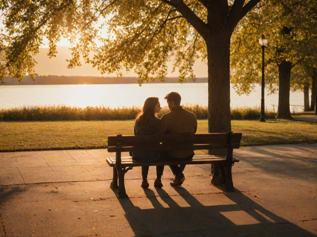 Warmly lit, intimate photo of a couple sharing a quiet moment on a park bench at sunset, soft golden light casting long shadows on the ground, with distant trees and a peaceful lake barely visible in the background.