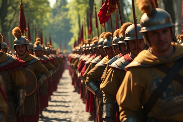 medieval soldiers marching in formation, high detail, natural lighting, 50mm lens, f/1.8 aperture, ISO 100, shallow depth of field, DSLR camera, vibrant colors, dynamic angle