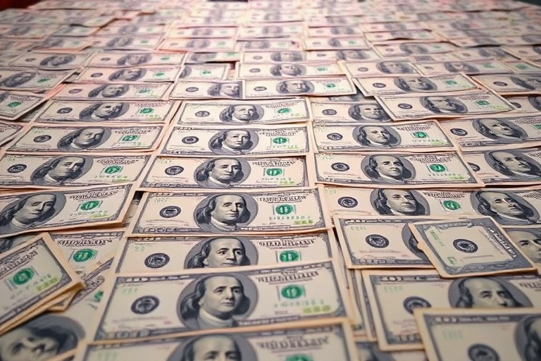Create a high-resolution image of a large number of one-dollar bills arranged in a perspective view, camera settings: f/8 aperture, 1/60 shutter speed, ISO 200, with a focal length of 24mm, using a DSLR camera for enhanced detail and clarity, soft natural lighting to create depth.