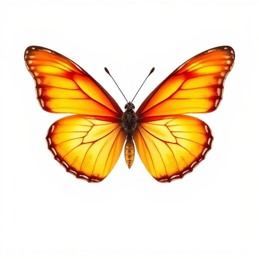 Create a vibrant illustration of a butterfly with orange and yellow gradient wings on a plain white background, using a macro lens with a shallow depth of field, set at f/2.8, ISO 100, and a focal length of 100mm to capture intricate wing details.