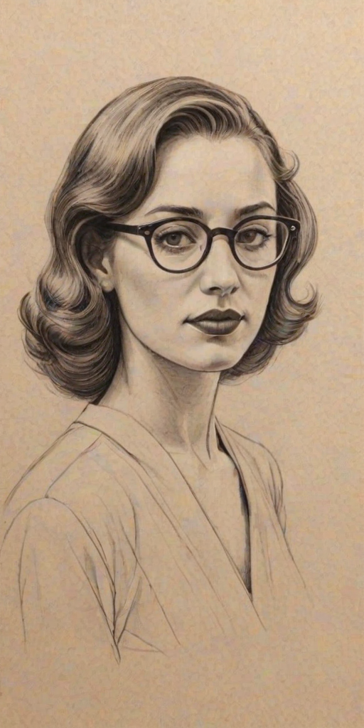 Fetching Rachel Zegler, pencil sketch, portrait of Captivating woman 1939s in glasses, hair style beatnik, outline, clear lines, fine lines, 8k
