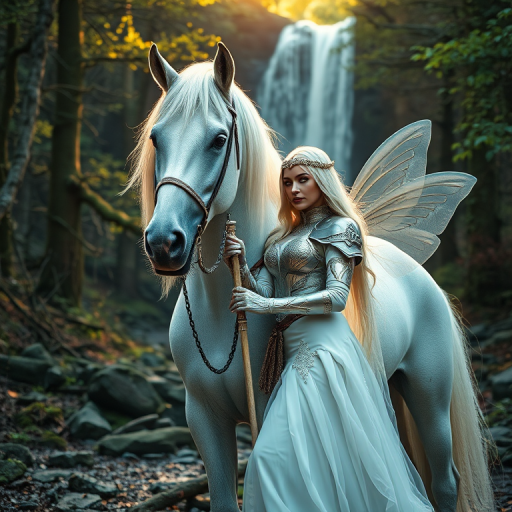 Create an ethereal fantasy scene featuring a majestic white horse and a beautiful fairy-like woman in elegant armor, surrounded by a mystical forest with a waterfall in the background, shot with a DSLR camera at f/2.8, ISO 100, 50mm lens, natural lighting for a soft glow and vibrant colors, in a portrait orientation.