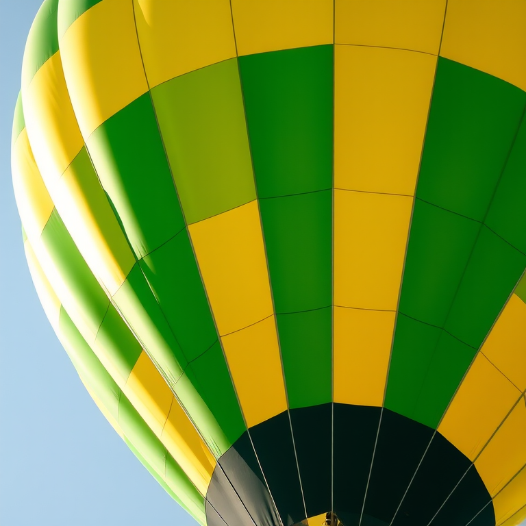 Create a vibrant hot air balloon with yellow and green stripes, high-resolution, shot with a DSLR camera at 50mm, f/2.8 aperture, ISO 100, in natural sunlight, focusing on a clear blue sky.