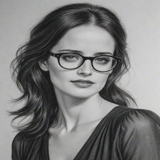 Splendid Eva Green, pencil sketch, portrait of Lovely woman 1975s in glasses, hair style beatnik, outline, clear lines, fine lines, 8k