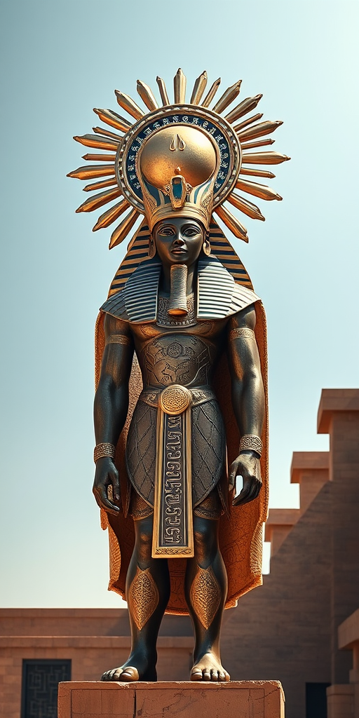 Create a high-resolution image of an ancient Egyptian deity standing confidently, with a large sun symbol overhead, using a DSLR camera at f/8 aperture, 24mm focal length, 1/125 sec shutter speed, and natural lighting to enhance detail and clarity.